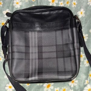 Coach Men's Gray and Black Plaid Messenger Bag